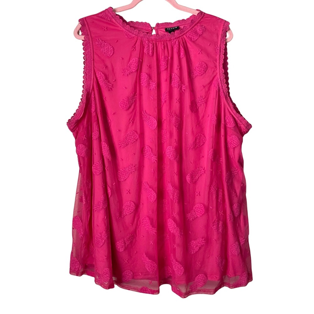 Torrid Top Womens Size 3 3X Pink Pineapple Embroidered Fruit Print Tropical Boho